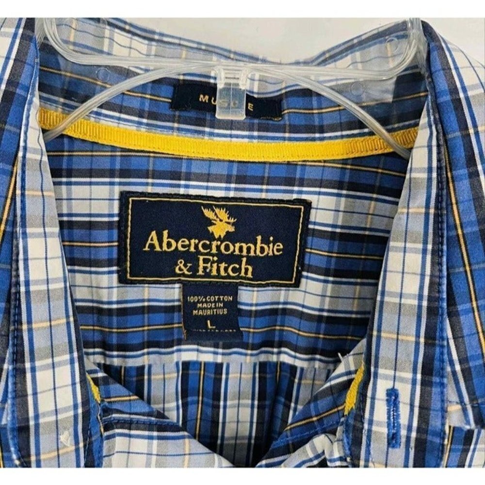 Abercrombie & Fitch Muscle Mens Blue White Plaid Button Front Shirt Size L - Picture 3 of 3